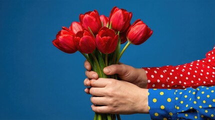 Close up of hands holding fresh red tulips against blue studio background