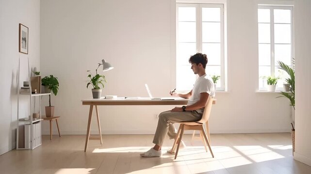 ミニマルな部屋の中で、人物がデスクに静かに座るワイド固定映像。
カメラは動かず、自然な小さな動きのみが含まれる構成。
柔らかな窓光が室内全体を包み、落ち着いた印象を演出。