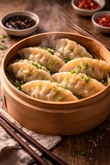 Close-up view of freshly steamed dumplings arranged on a wooden table, showcasing soft dough texture and traditional Asian cuisine. Ideal for food, restaurant, and cultural dining concepts.