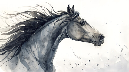 馬のイラスト、水彩画、水墨画、干支、年賀状、午年