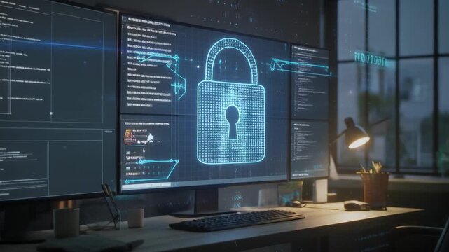 Cybersecurity expert's desk with multiple monitors displaying code and a glowing digital padlock