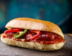 a sausage and pepper sandwich on a toasted sub roll