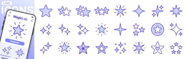 Star line icon set. Sparkle, twinkle, award, glitter, and burst minimal vector illustrations. Simple outline signs for glow and shine concepts. Duotone color fill. Editable Stroke