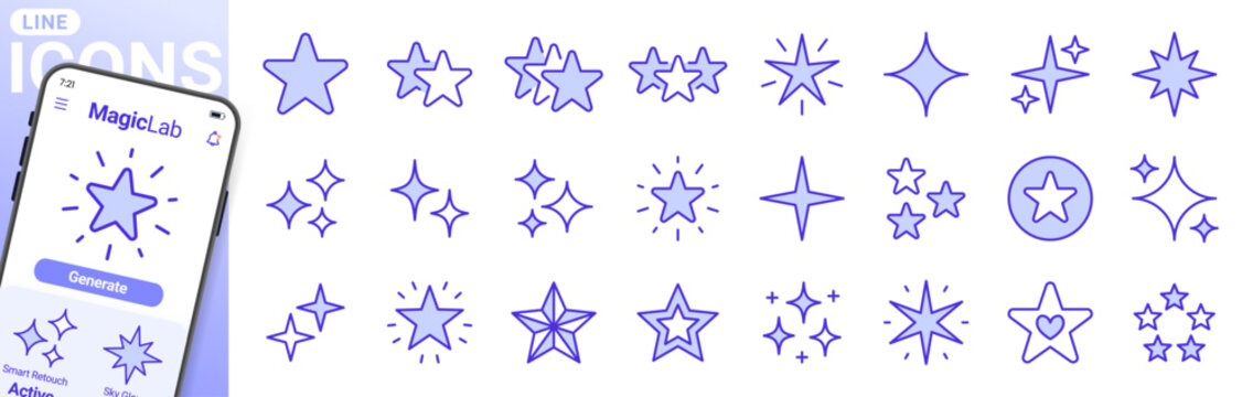 Star line icon set. Sparkle, twinkle, award, glitter, and burst minimal vector illustrations. Simple outline signs for glow and shine concepts. Duotone color fill. Editable Stroke
