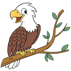 Cute cartoon eagle perched on a branch in a clean vector illustration style