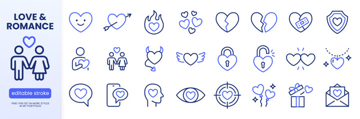 Valentine day line icon set. Heart, romantic gift, love, passion, relationship, empathy, divorce minimal vector illustrations. Simple outline signs for dating app. Blue color duotone. Editable Stroke
