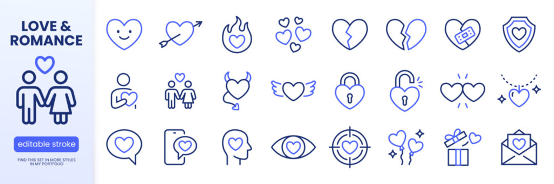 Valentine day line icon set. Heart, romantic gift, love, passion, relationship, empathy, divorce minimal vector illustrations. Simple outline signs for dating app. Blue color duotone. Editable Stroke