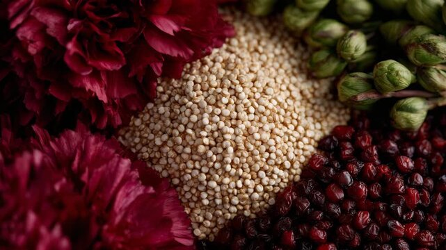 226Close-up of quinoa, millet, and amaranth arranged symmetrically, representing healthy ingredients and clean eating