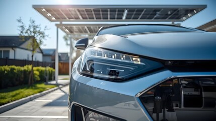 Sustainable Drive: An electric car charges beneath solar panels, showcasing eco-friendly innovation and a commitment to a greener future.