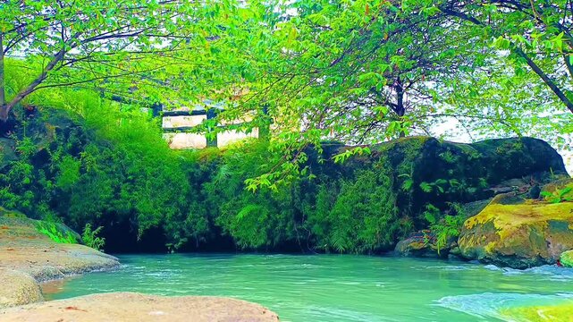 Clear turquoise river surrounded by green forest rocks and limestone formations, Short duration background video with high resolution.