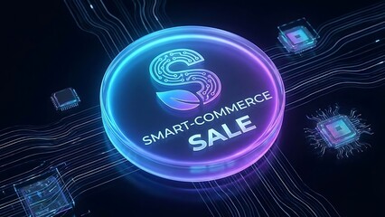 Glowing blue and purple smart commerce sale button with circuit board background and microchips