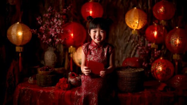 Chinese lunar new year holiday celebration. Spring festival tradition. Chunjie. Asia. A young girl in a red cheongsam holds a red envelope.