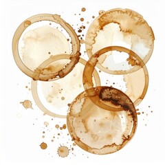 Abstract Beige and Brown Coffee Stain Circle Rings on White Background