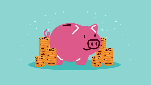 Cartoon Pink Piggy Bank with Stacks of Golden Coins Savings.
