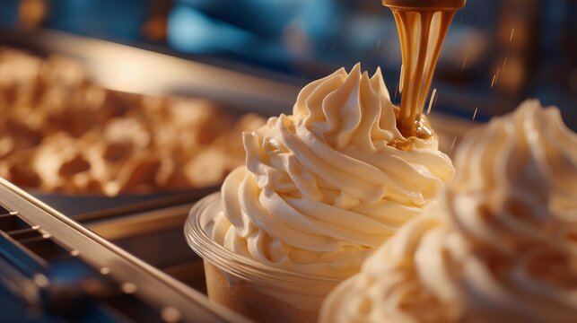 A frozen dessert manufacturer piping soft serve into tubs before they enter a spiral blast freezer, swirling patterns freezing instantly &mdash; ice cream production, dairy processing, and