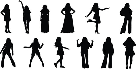 Obraz premium Woman silhouette collection, fashion poses, stylish outfits, body language, black vector, standing gestures, isolated, decorative, design, setWoman silhouette collection, fashion poses
