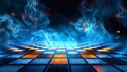 a glowing checkered floor with fiery sparks and cool blue smoke creates a dynamic abstract scene
