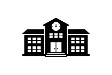 School Building Silhouette Icon with Clock Black Architecture