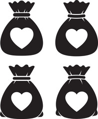 Four silhouettes of gift bags with heart symbols