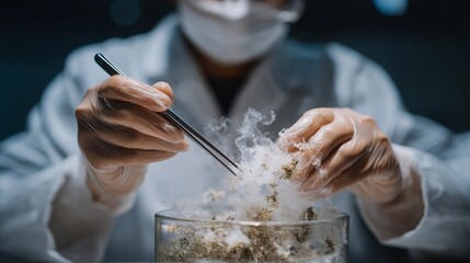A researcher lowering a superconducting disc into a cryogenic bath of liquid nitrogen, frost spreading instantly across the metal tongs as the disc begins to levitate — quantum physics