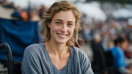 Fototapeta premium A wheelchair user participating in a community event or festival, smiling among a diverse crowd, illustrating social inclusion and public accessibility. cinematic color correction, natural uneven