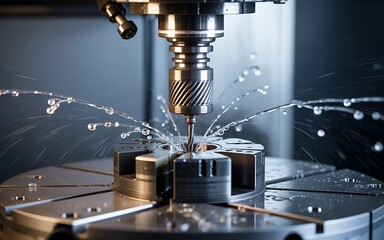 Industrial milling machine in operation with coolant splashing during metal cutting