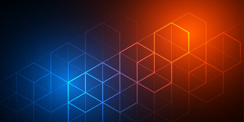 Technology background. Neon geometric abstraction. Cubes and lines. Vector illustration.
