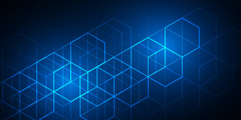 Technology background. Neon geometric abstraction. Cubes and lines. Vector illustration.