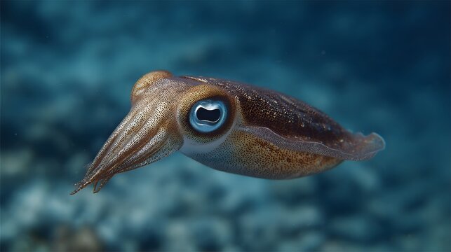 A close up view of a marine squid swimming in clear blue ocean water showcasing its large eye and speckled skin