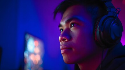 Indonesian male gamer with professional headset in a digital gaming room