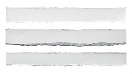 Three horizontal white paper strips with rough, torn edges isolated on a dark background