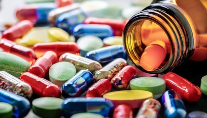 close up of assorted headache relief capsules close background killer bottle pain