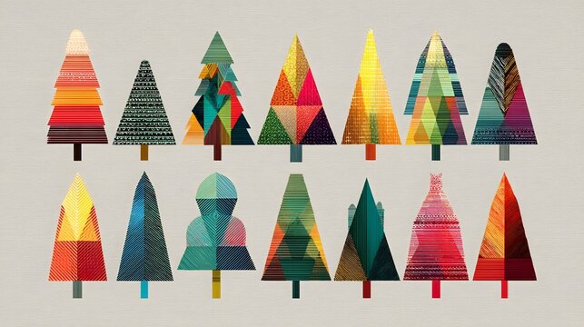 Collection of geometric Christmas tree icons featuring various colorful patterns and textures. Modern artistic holiday design elements.