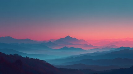 Minimalist mountain landscape featuring hazy blue and pink layers under a soft twilight sky. Peaceful atmospheric nature background.