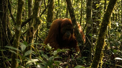 Orangutan in dense tropical rainforest habitat