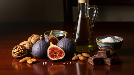 Gourmet Still Life Composition featuring Ripe Figs, Nuts, and Dark Chocolate