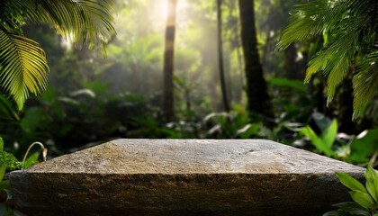 stone display pedestal in tropical forest for product ad