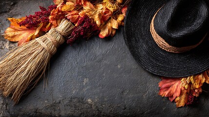 Witch Hat and Broom Flatlay on Rustic Dark Wood