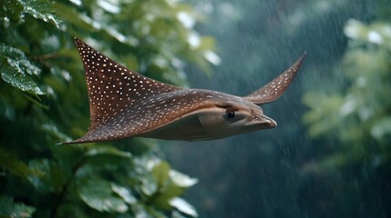 A spotted eagle ray gracefully swims through falling rain amidst lush greenery