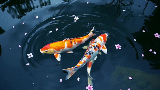 Colorful koi fish swimming in a tranquil pond with pink cherry blossom petals. Japanese garden scene with water reflections. Spring nature concept