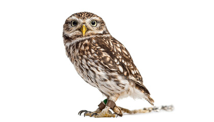 Fototapeta premium Little owl athene noctua standing on white background