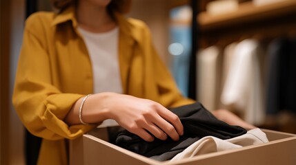 A shopper placing rejected items gently into a designated return bin, part of a clean and organized fitting room designed for effortless customer flow. cinematic color correction, natural uneven