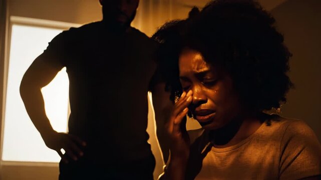 Woman crying with man standing in background, domestic violence scene
