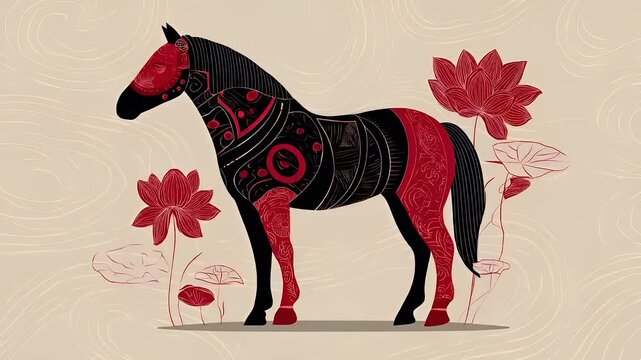 Chinese lunar new year holiday celebration. Spring festival tradition. Chunjie. Asia. A stylized illustration of a horse with intricate patterns and red accents.