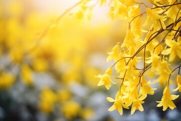 Obraz premium Yellow bells blooming on branches with bright sunlight creating a vibrant spring scene
