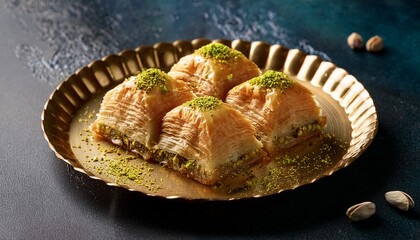deliciously golden baklava with pistachios on elegant plate