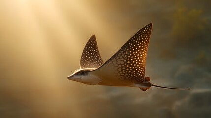 A spotted eagle ray glides gracefully through sunlit ocean waters during the golden hour