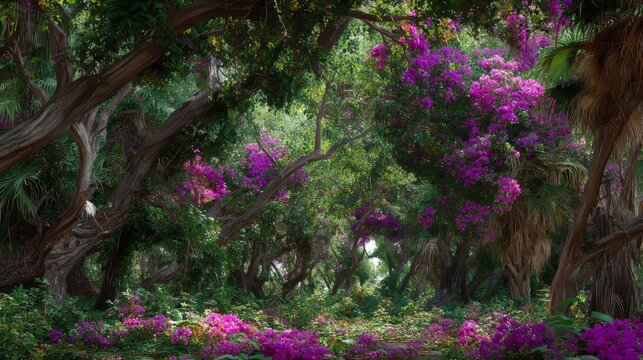 Lush jungle scene with flowering purple bushes and intertwining tree branches create a verdant, sun-dappled oasis