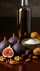 Gourmet Still Life with Ripe Figs, Nuts, and Dark Oil Bottle