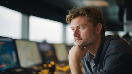 Obraz premium A rail freight safety control room analyzing vibration data, wheel temperature alerts, and axle-load readings to detect early signs of mechanical issues across long-haul routes. cinematic color